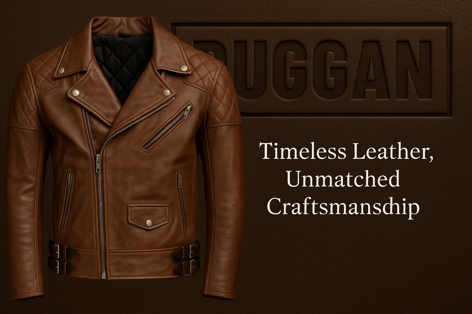 Brown leather jacket on a brown background with 'RUGGAN' branding.