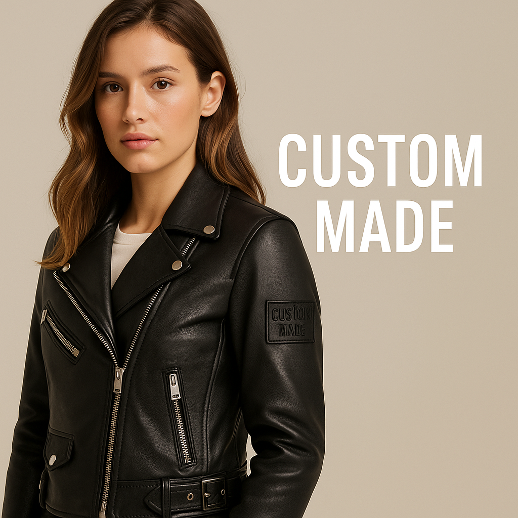 Woman wearing a black leather jacket with 'Custom Made' text on a beige background