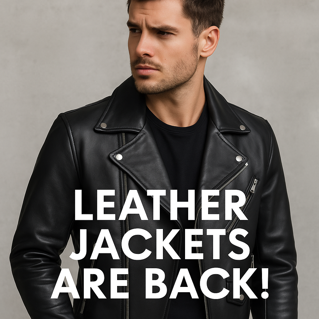 Man wearing a black leather jacket with text 'LEATHER JACKETS ARE BACK!' on a gray background