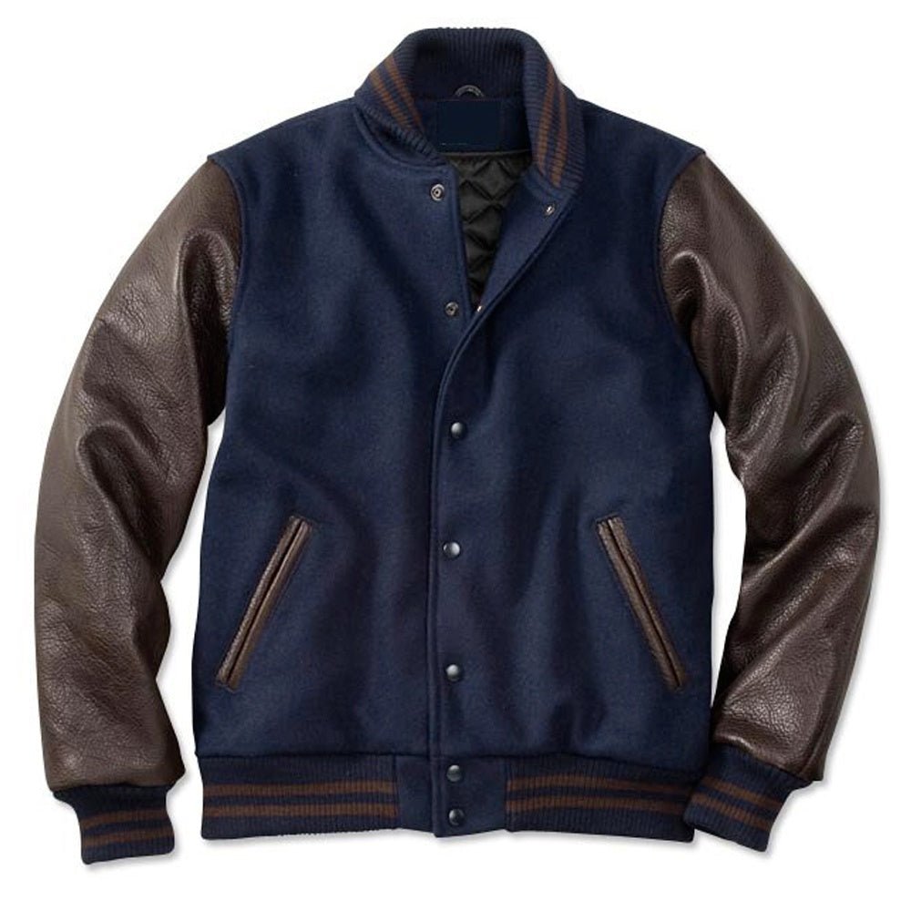 Classic Varsity Leather Jacket - Navy & Brown - RUGGAN