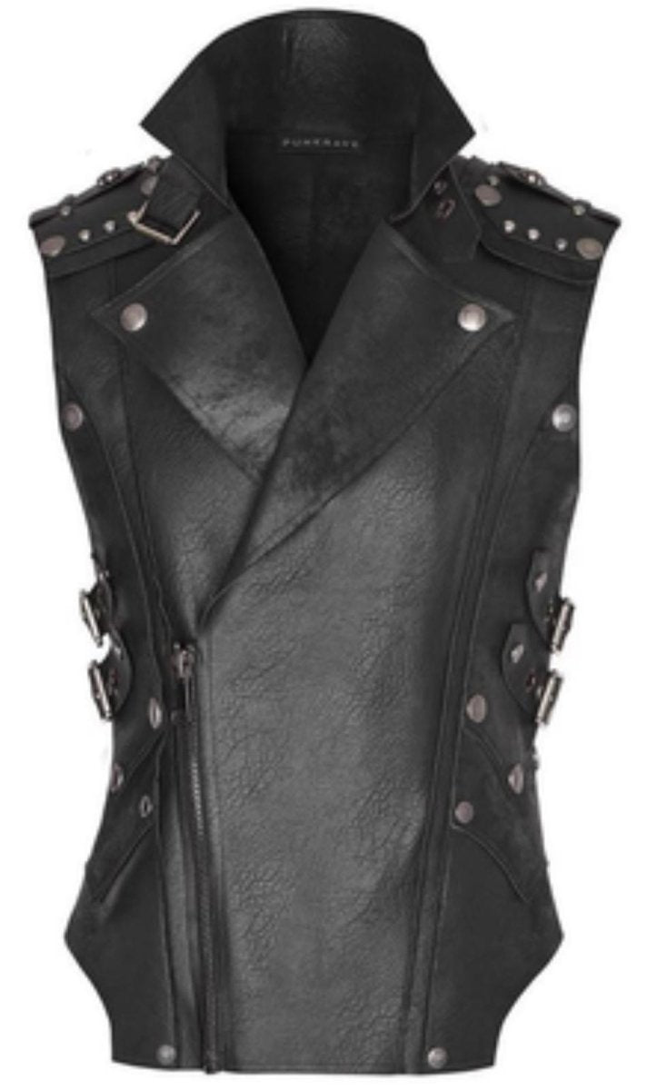 Genuine Leather Studded Moto Vest - Black - RUGGAN