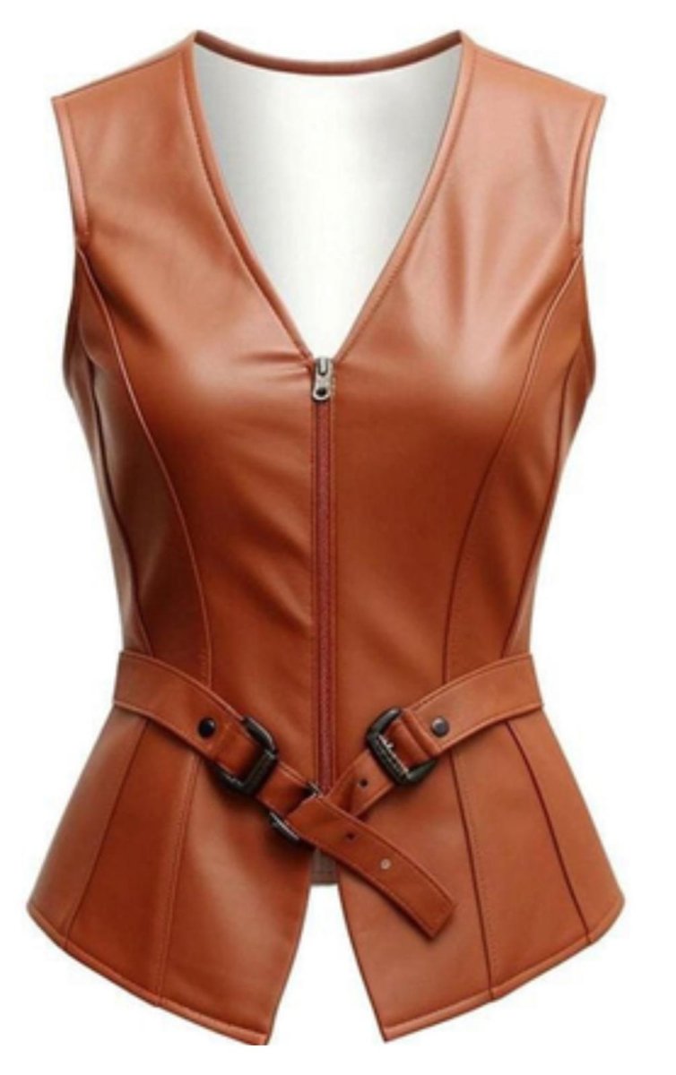 Genuine Leather Zip - Front Vest with Belt Details - Cognac Brown - RUGGAN
