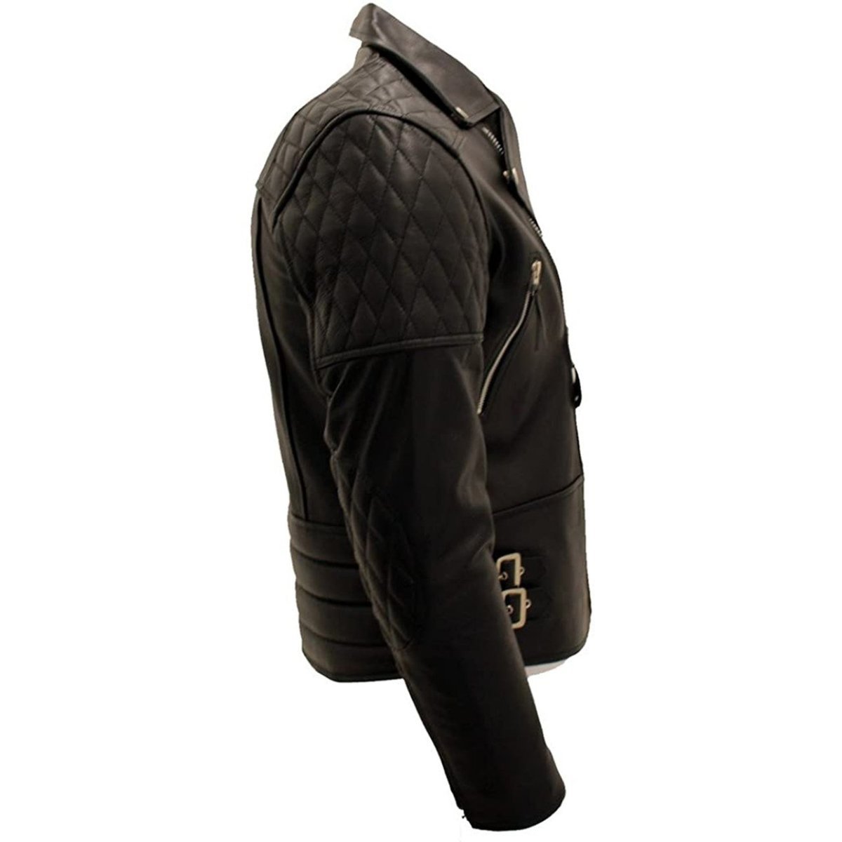 Men’s Black Biker Leather Jacket – Quilted Shoulder Cowhide Moto Style with Asymmetrical Zipper - RUGGAN