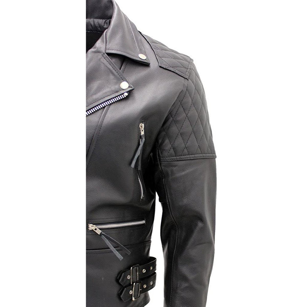 Men’s Black Biker Leather Jacket – Quilted Shoulder Cowhide Moto Style with Asymmetrical Zipper - RUGGAN