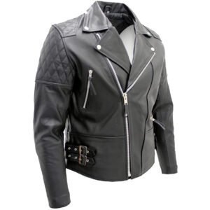 Men’s Black Biker Leather Jacket – Quilted Shoulder Cowhide Moto Style with Asymmetrical Zipper - RUGGAN