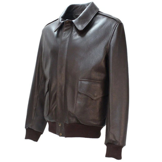 Men’s Classic Brown Leather Bomber Jacket – Military Flight Style with Ribbed Waist & Cuffs - RUGGAN