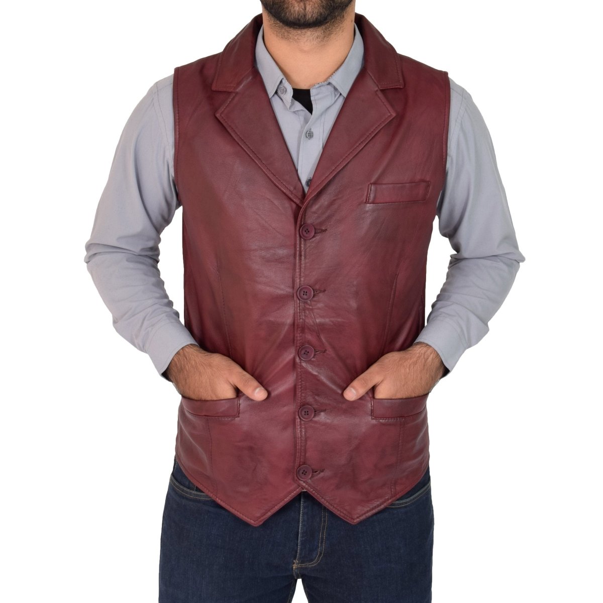 Premium Burgundy Leather Vest - Classic Tailored Style - RUGGAN