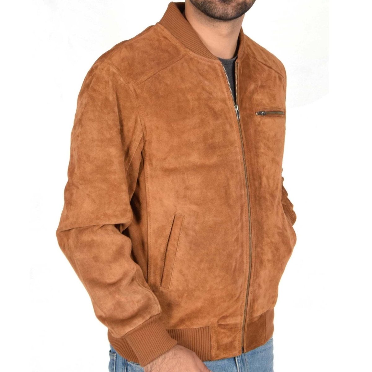 Premium Suede Bomber Jacket - Cognac Brown - RUGGAN