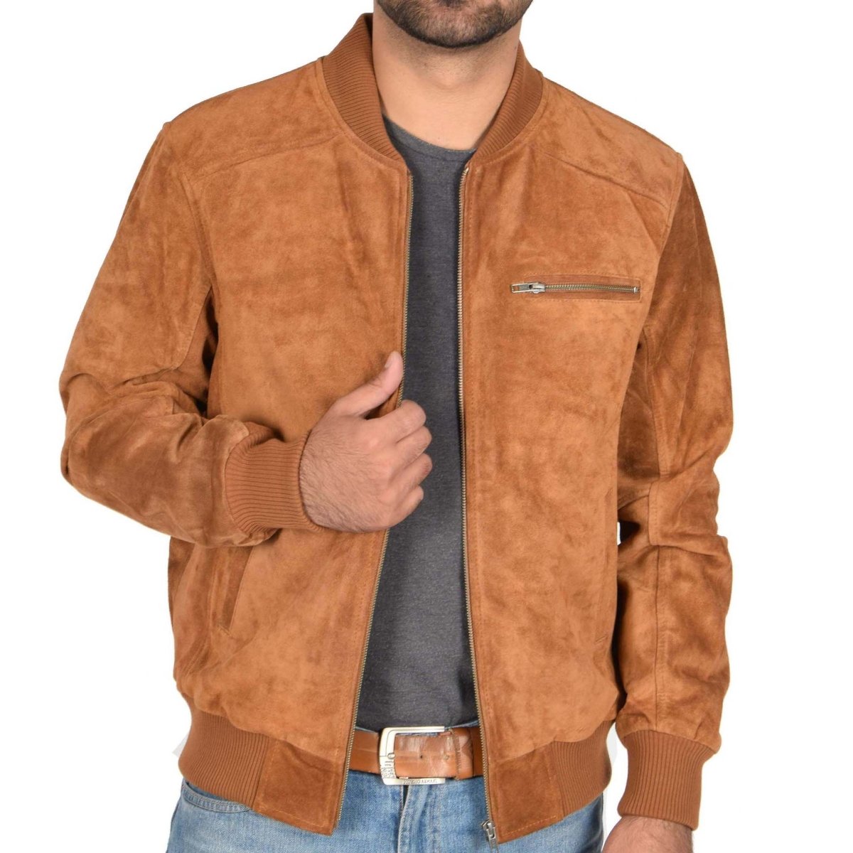 Premium Suede Bomber Jacket - Cognac Brown - RUGGAN