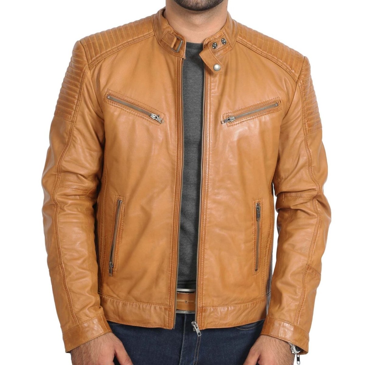 Men's Premium Tan Leather Moto Jacket - Classic Biker Style - RUGGAN
