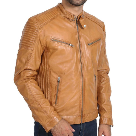 Men's Premium Tan Leather Moto Jacket - Classic Biker Style - RUGGAN