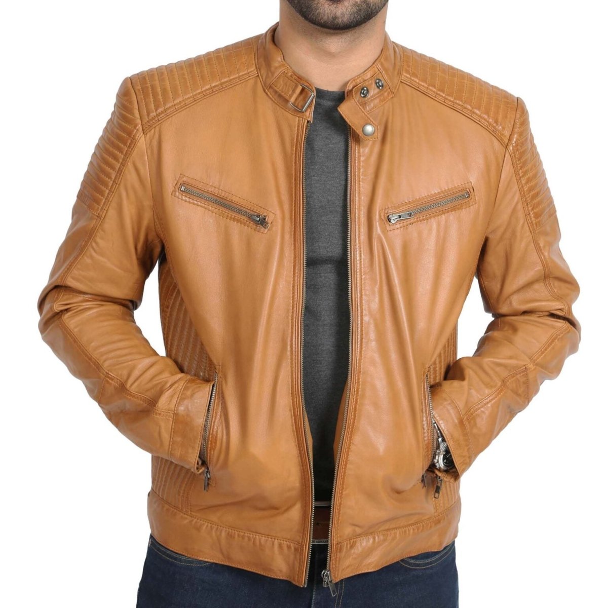 Men's Premium Tan Leather Moto Jacket - Classic Biker Style - RUGGAN
