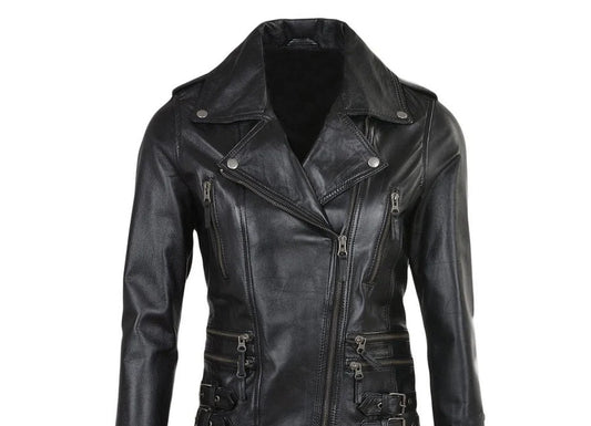 Women's Black Faux Leather Buckled Biker Jacket - RUGGAN