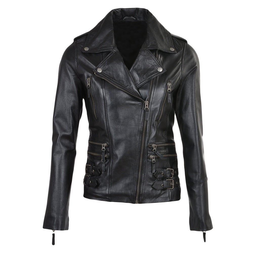 Women's Classic Black Buckled Biker Leather Jacket - RUGGAN