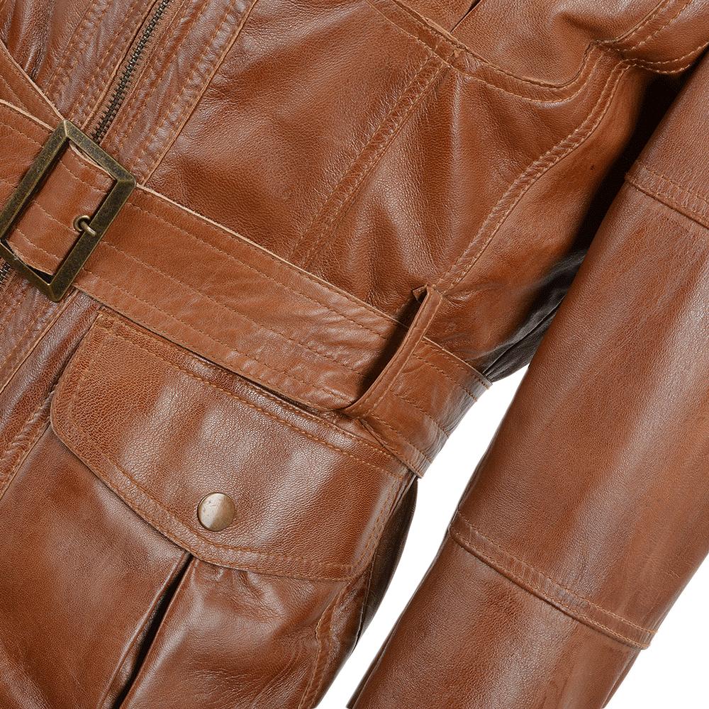 Women’s Tan Belted Leather Utility Jacket – High Collar, Multi - Pocket Design, Urban Explorer Style - RUGGAN