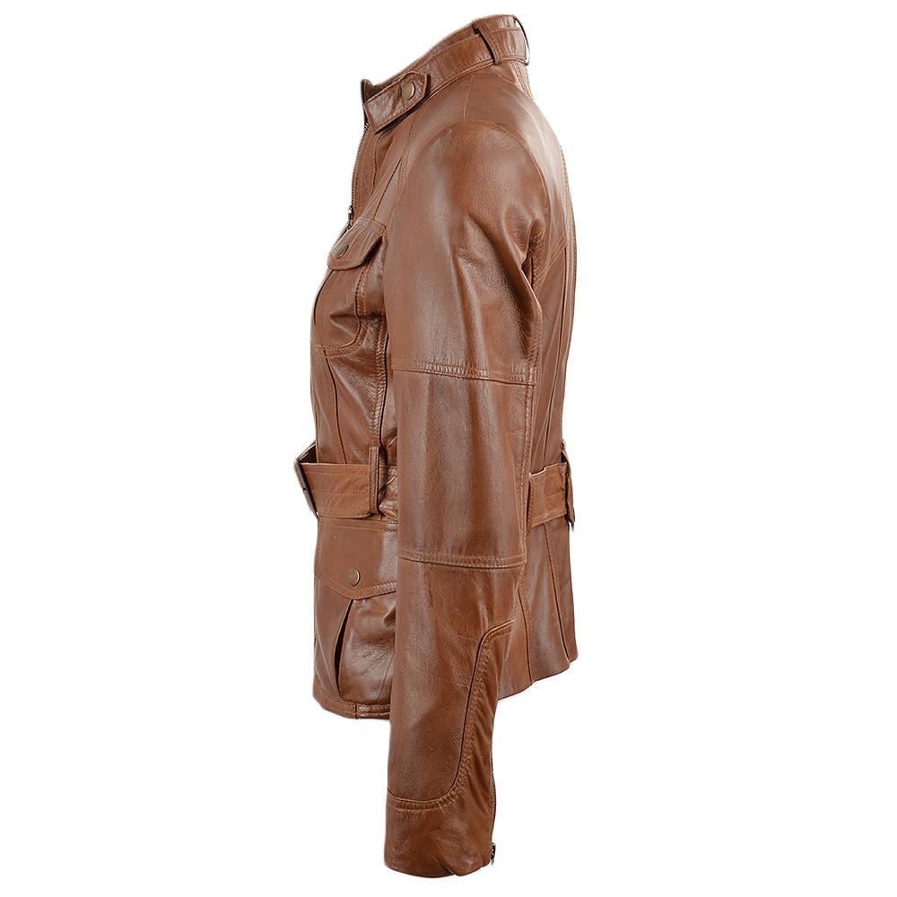 Women’s Tan Belted Leather Utility Jacket – High Collar, Multi - Pocket Design, Urban Explorer Style - RUGGAN