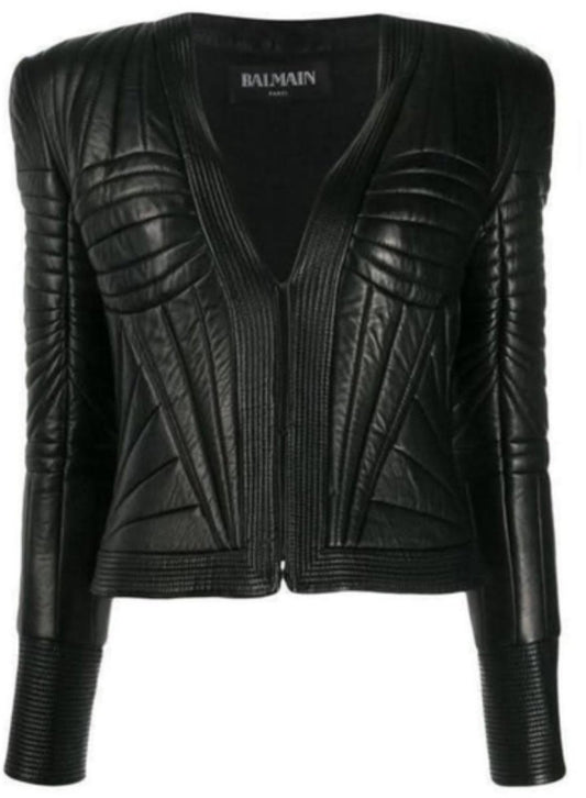 Women's Black Architectural Quilted Leather Jacket - RUGGAN