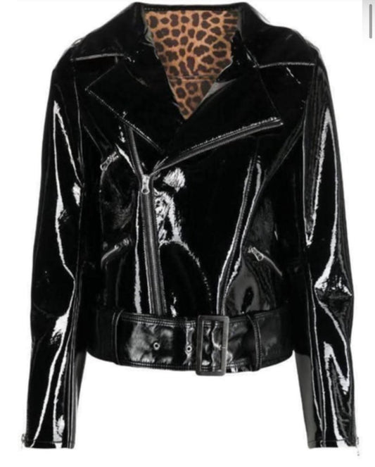 Black Patent Leather Moto Jacket with Leopard Lining - RUGGAN