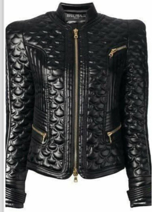 Black Quilted Dragon Scale Leather Jacket - RUGGAN