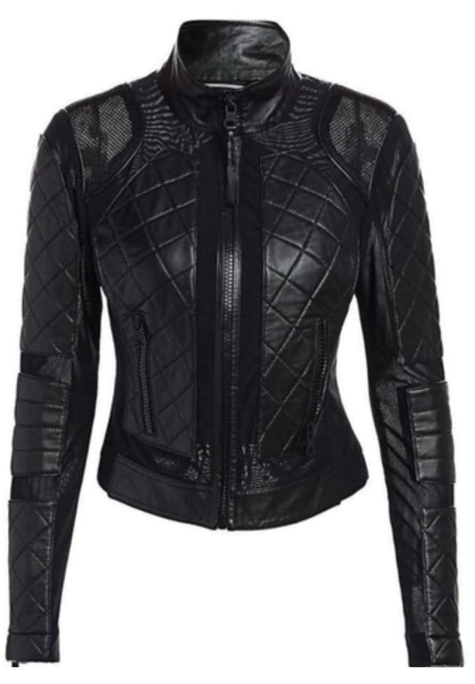 Black Textured Quilted Leather Moto Jacket - RUGGAN