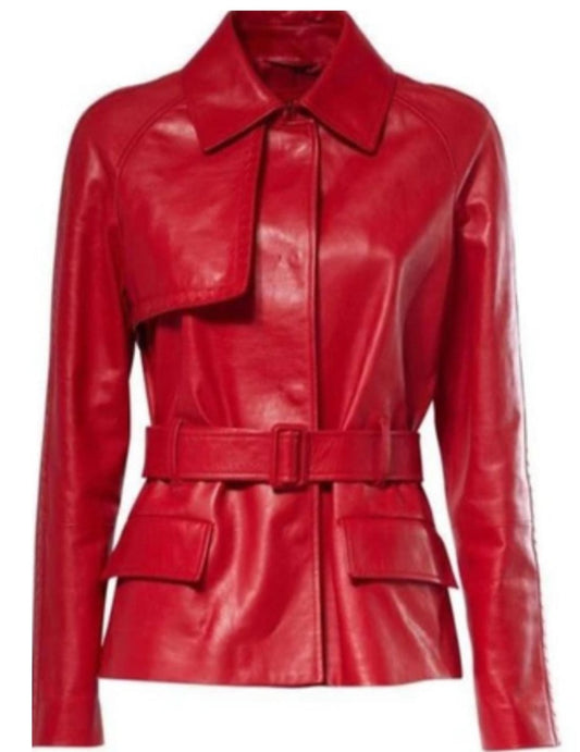Bold Red Genuine Leather Belted Jacket - RUGGAN