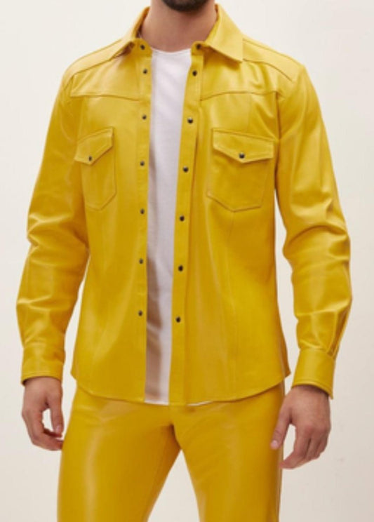 Bold Yellow Leather Shirt Jacket - Genuine Leather Statement Piece - RUGGAN