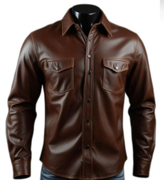 Classic Brown Leather Shirt Jacket - Genuine Leather Heritage Style - RUGGAN