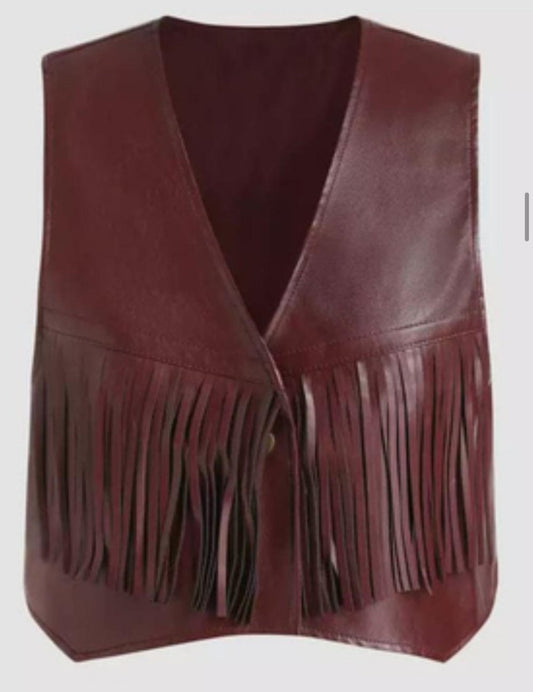 Genuine Leather Fringe Vest - Rich Burgundy - RUGGAN