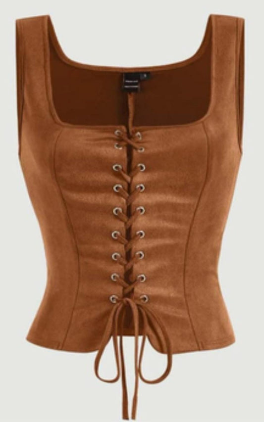 Genuine Leather Lace - Up Vest - Camel Brown - RUGGAN