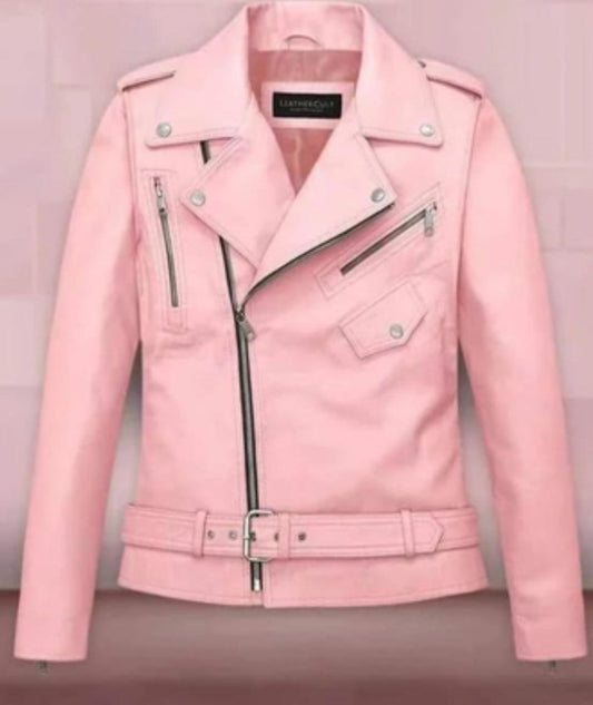 Genuine Leather Moto Jacket - Soft Pink - RUGGAN