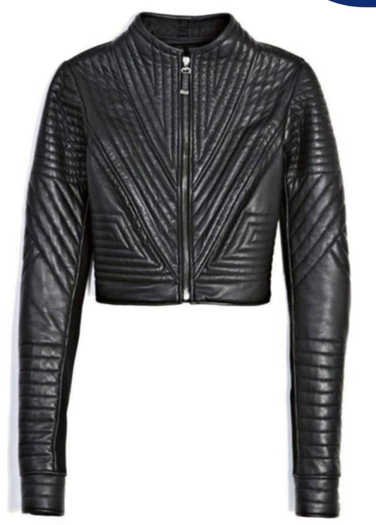 Genuine Leather Quilted Crop Jacket - Black - RUGGAN