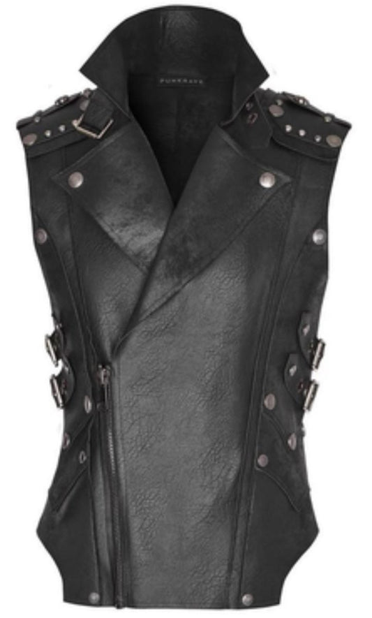 Genuine Leather Studded Moto Vest - Black - RUGGAN