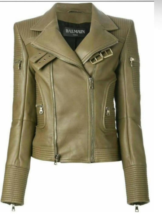 Luxury Olive Green Biker Leather Jacket - Premium Genuine Leather - RUGGAN