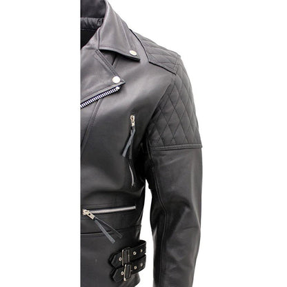 Men’s Black Biker Leather Jacket – Quilted Shoulder Cowhide Moto Style with Asymmetrical Zipper - RUGGAN