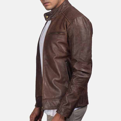 Men’s Brown Cafe Racer Leather Jacket – Slim Fit with Stand Collar & Zipper Details - RUGGAN