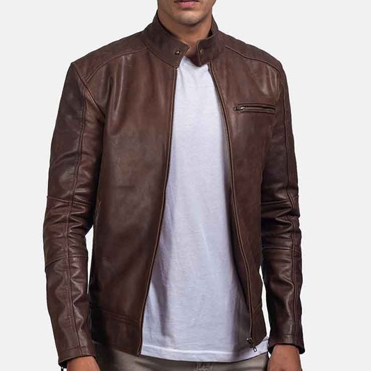 Men’s Brown Cafe Racer Leather Jacket – Slim Fit with Stand Collar & Zipper Details - RUGGAN