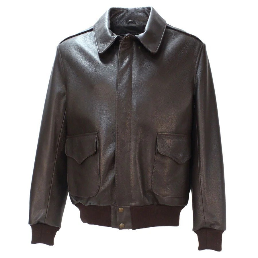 Men’s Classic Brown Leather Bomber Jacket – Military Flight Style with Ribbed Waist & Cuffs - RUGGAN