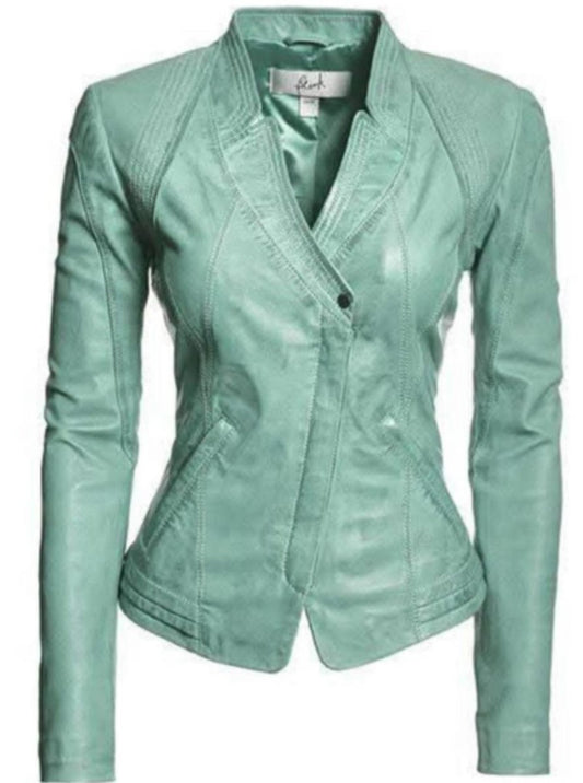 Mint Green Tailored Genuine Leather Blazer Jacket - RUGGAN