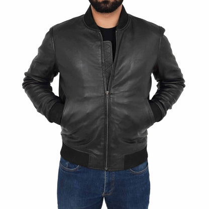 Premium Black Leather Bomber Jacket - Classic Style Meets Modern Comfort - RUGGAN