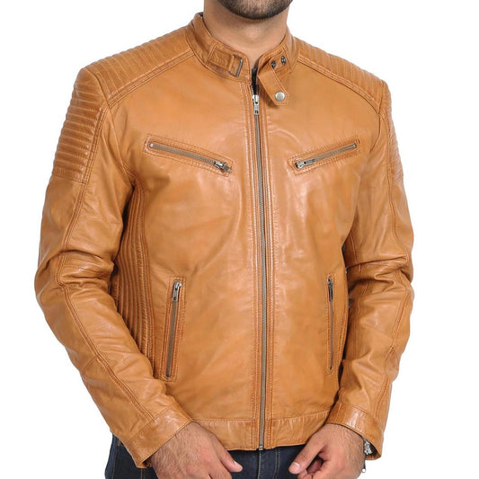 Men's Premium Tan Leather Moto Jacket - Classic Biker Style - RUGGAN