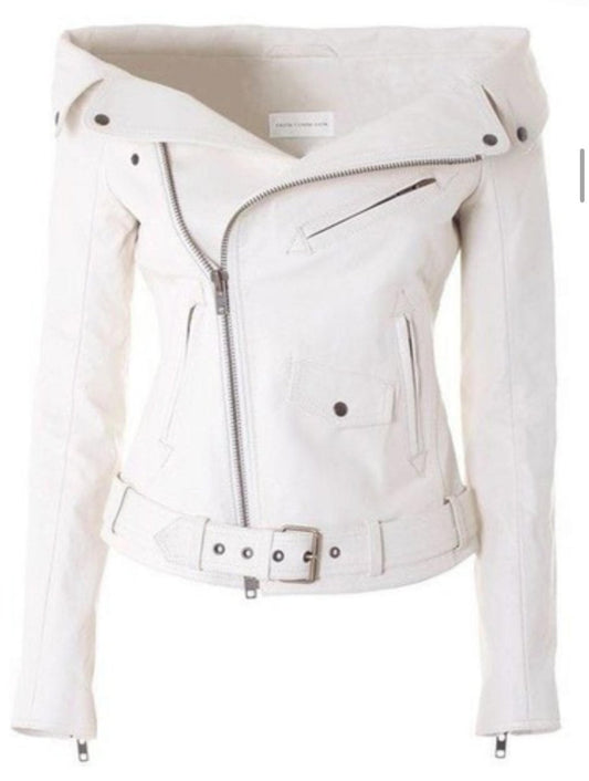 Women's Premium White Leather Moto Jacket - Classic Biker Style - RUGGAN