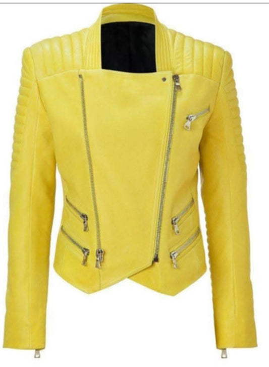 Vibrant Yellow Quilted Leather Jacket - Premium Genuine Leather Biker Style - RUGGAN