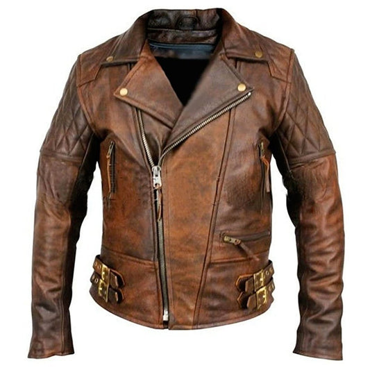 Vintage Brown Leather Motorcycle Jacket - Classic Biker Style - RUGGAN