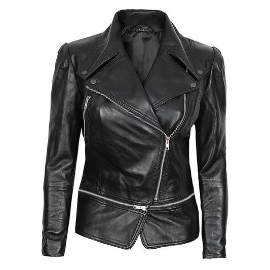 Women's Black Asymmetrical Moto Jacket - RUGGAN