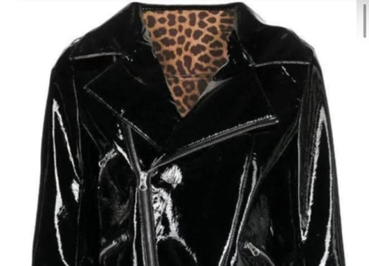 Women's Black Patent Leather Moto Jacket — Leopard Lined - RUGGAN