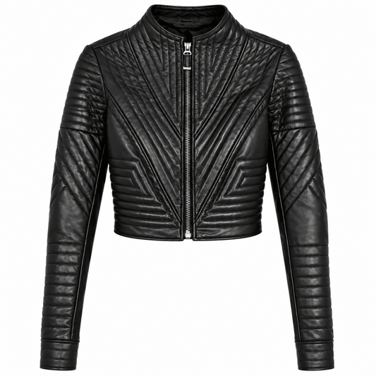 Women's black quilted leather jacket in a cropped silhouette