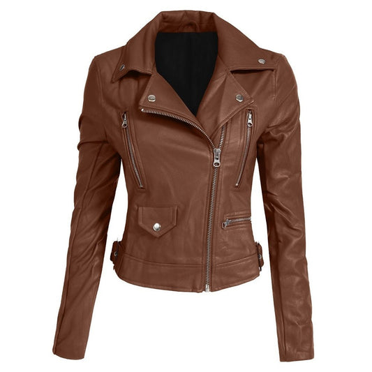 Women’s Brown Asymmetrical Leather Biker Jacket – Classic Moto Style with Modern Fit - RUGGAN