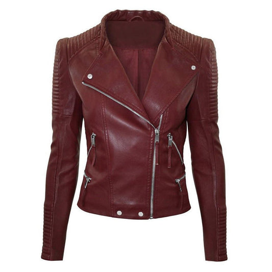 Women's Burgundy Leather Moto Jacket - RUGGAN