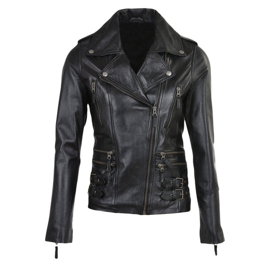 Women's Classic Black Buckled Biker Leather Jacket - RUGGAN