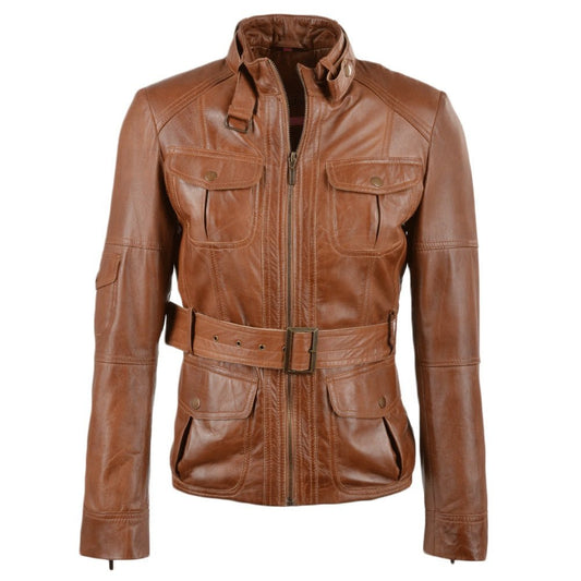 Women’s Tan Belted Leather Utility Jacket – High Collar, Multi - Pocket Design, Urban Explorer Style - RUGGAN